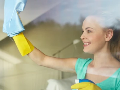 Kobieta w rękawiczkach, myjąca okna od wewnątrz.